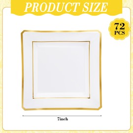 Honeydak 72 Pcs Disposable Square Paper Plates Gold Rim Dessert Plates for Party Events, Wedding, Bridal Shower, Birthday Celebrations (Gold Edge,7 Inch)
