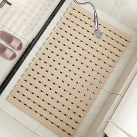 Tiamo Non Slip Large Shower Mat(35.4"*23.6"),Non Suction Cups Shower Mats for Inside/Outside Shower, Heavy Duty Rubber Walk in Shower Mat for Elderly (Apricot)