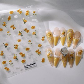 Yellow White Flower Nail Art Stickers 5D Embossed Self Adhesive Nail Decals Summer Spring Nail Stickers for Nail Art Floral Nail Supplies for Women Girls