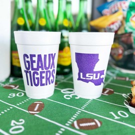 Louisiana State University (LSU) Foam Disposable Cups 10 Pack - Geaux Tigers foam Cups 16 oz - Louisiana Map printed Disposable Coffee Cups - Elegant party cups for gatherings, graduation parties etc