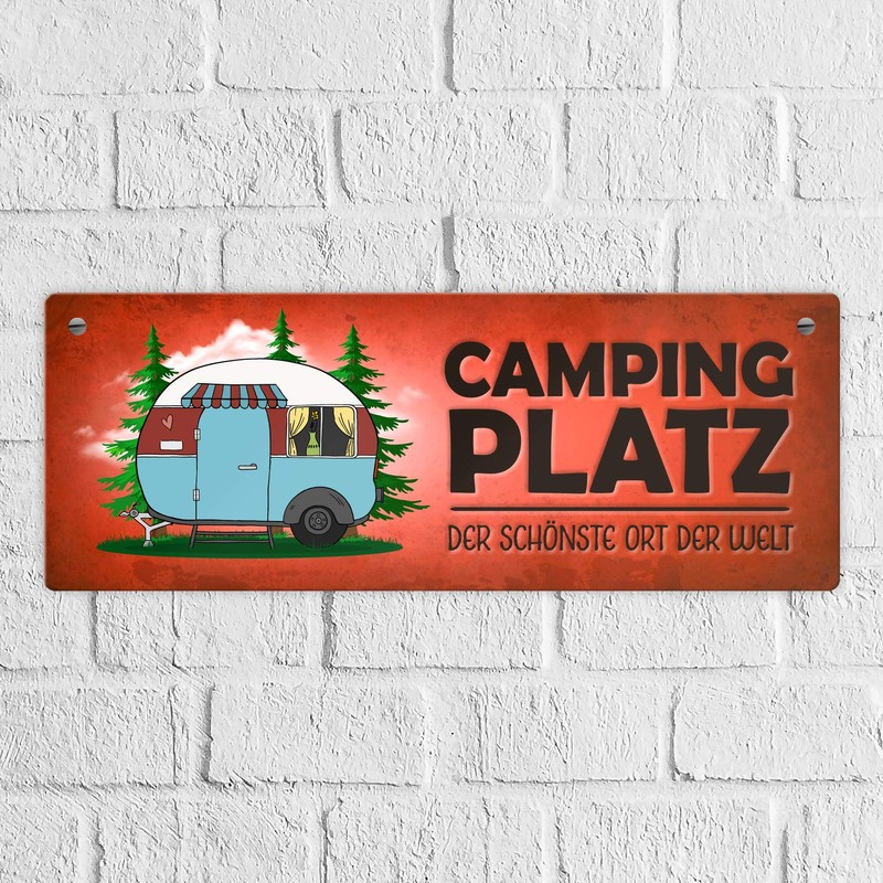 Camping Metal Sign in Red with Caravan Motif Motorhome Holiday