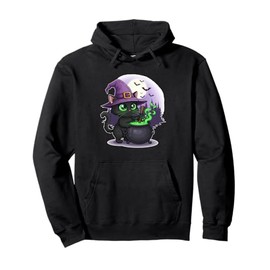 Black Cat Witch With Cauldron and Moon Pullover Hoodie