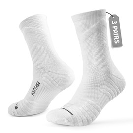 Compression Running Socks, 3 Pairs, Cushion Crew Socks, Anti-Blister Moisture Wicking Hiking Training Basketball Socks (US, Alpha, M, White)