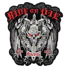 OYSTERBOY Large 11.8 x 13 inch Embroidered Iron On/Sew On Applique Decorative Patch - Motorcycle Riders Bikers Ride Or Die Three Skulls Red Eyes Devil Evil Look with Snakes Sword Wings BONDO