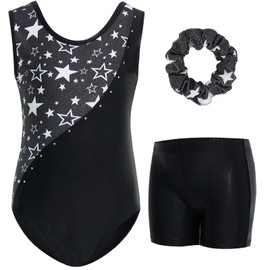 Gogokids Girls Three-Piece Gymnastics Set with Shorts, Kids Gymnastics Sleeveless Leotard with Gem Stones, Girls' Sparkling Gymnastics Outfit with Color Block Design Athletic Dancewear for Ages 11-12