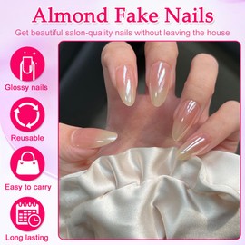 Ceboic Pack of 30 Glue-On Nails Almond, French Tip Press On Nails Medium Long, Glossy Aurora Pink Artificial Nails, Reusable Acrylic Fingernails for Sticking on for Women Girls