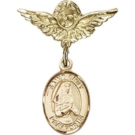 Gold Filled Baby Badge with St. Emily de Vialar Charm and Angel w/Wings Badge Pin 1 X 3/4 inches