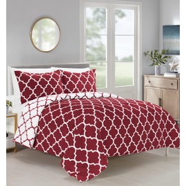 Elegant Comfort All Season Comforter and Year Round Medium Weight Super Soft Quatrefoil Pattern Down Alternative Reversible 3-Piece Comforter Set, King, Burgundy/White