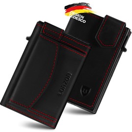 LORZOR Card Case with XXL Coin Compartment for 10+ Coins, Slim Wallet with Magnetic Closure, Men's RFID Protection, Small Wallet, Men's Wallet for 10 Cards, black red, Modern
