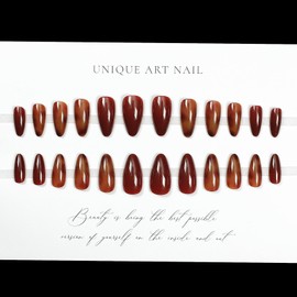 Fall Press on Nails Almond Fake Nails Amber Brown False Nails with Designs Acrylic Nails Brown Fall Glue on Nails Glossy Medium Artificial Nails Stick on Nails for Women Girls Nail Art Manicure 24PCS
