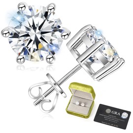 White Moissanite Earrings - 6 Prong White Stud Earrings 14k White Gold White Earrings 925 Sterling Silver Moissanite Jewelry Gifts for Christmas （1.0ct*2 Pieces）