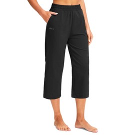 Pudolla Women's Capris Yoga Pants 18"/20" Cotton Capri Sweatpants Wide Leg Summer Casual Workout Pants with Pockets(Black 20-Large)