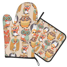 Animal Owl Oven Mitt and Pot Holder Set Oven Glove for Kitchen Baking Cooking Grilling