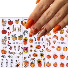 6Sheets Fall Nail Art Stickers 3D Nail Self-Adhesive Sticker Autumn Leaves Pumpkin Designs Nail Decals Ginkgo Leaf Pumpkin Dried Flower Autumn Thanksgiving for Women Girls DIY Nail Decorations