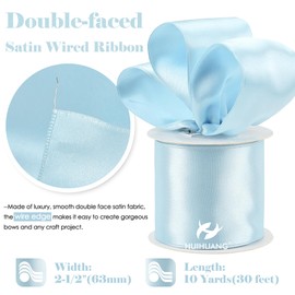 HUIHUANG Blue Satin Wired Ribbon 2.5 inch Baby Blue Wire Edge Ribbon for Bows, Gift Wrapping, Wreaths, Baby Shower Decor, Garland, Wedding Decorations, DIY Crafts-Continous 10 Yards