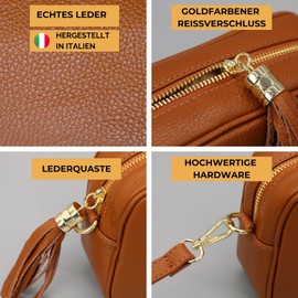 BRISE Umhängetasche Damen Echtleder KIRA Handgemachte Crossbody Bag Schultertasche Kleine Tasche mit Ledergurt + Optionalen Breiten Gemusterten Riemen Verstellbarer Gurt Made in Italy (Cognac Braun-3)
