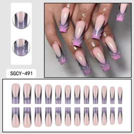 Long Press on Nails Square Fake Nails French False Nails Pink Artificial Nails Ombre Cute Nails with 3D Water Droplets Designs Black Stick on Nails for Women 24pcs