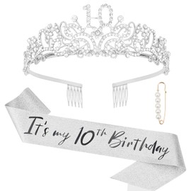 Semato 10th Birthday Decorations for Girls - Silver 10th Birthday Crown and Birthday Glitter Sash Kit for Girls 10th Birthday Gifts for Girls Birthday Party Supplies and Favors