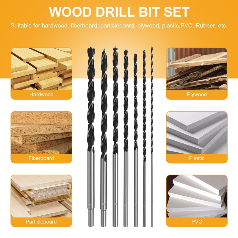 7Pcs Extra Long 9.05" Brad Point Wood Drill Bit Set,