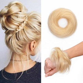 Silk-co Messy Hair Bun Scrunchy Scrunchie Updo Real Remy Human Hair Extensions Donut Chignons Straight #60 Platinum Blonde