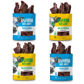 BAJA BEEF Jerky Snack Packs - Beef Jerky Variety Pack, Beef Jerky Gifts for Men, Beef Jerky Sampler, High Protein Craft Jerky Assortment, Gluten Free - Traditional & Salsa Fresca, 2.5 Oz Bags (4 Pack)