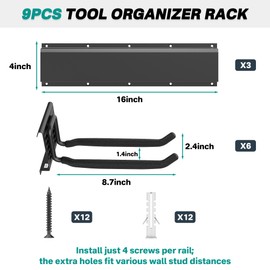 EVERHANGER Garage Tool Storage Organizer, Wall Mount Garden Tool Rack Organization, Heavy Duty Folding Chair Hangers with 12 Adjustable Hooks, Max Load 900lb, 96inch