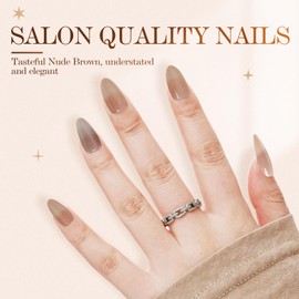 VAVAVAILS Press On Nails Glitter Cat Eye Nails Nude Brown Semi-Transparent False Nails, Long Almond Nails, Reusable 12 Sizes - 24 Nail Kit with Glue & Jellied Gel