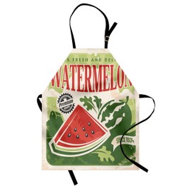 Lunarable Vintage Apron, Farming Harvest Theme Watermelon Slice with Grunge Weathered Effect, Unisex Kitchen Bib with Adjustable Neck for Cooking Gardening, Adult Size, Beige Green