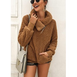 KIRUNDO Women's 2024 Winter Lapel Fuzzy Fleece Sweatshirt Faux Shearling Zipper Warm Sherpa Pullover Outwear With Pockets(X-Large, Khaki)