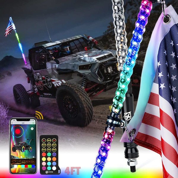 Xprite 4FT RGBW LED Whip Light, Remote & App Control DIY Chasing Pattern w/Stop Turn Reverse Brake Lights Safety Antenna Lighted Whips for ATV UTV Polaris RZR Can-am Buggy Jeep, 2 Year Warranty
