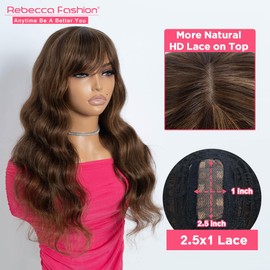 Rebecca Fashion Body Wave Wig with Bangs Human Hair Silky Straight Bang Wig Glueless Minimalist 2.5x1 Lace Scalp Wig for Women Glueless Wear and Go Wigs 22 Inch Ombre Brown Color
