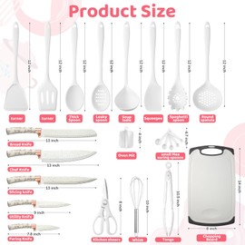 LSFCHUJU 37 PCS Kitchen Utensils Set, Silicone Cooking Utensils Set with Kitchen Knife Set and Holder, Wooden Handle Kitchen Tool Set - Kitchenware Set (Rose Gold White)