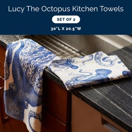 Caskata Lucy The Octopus Kitchen Towels Set of 2 | 100% Cotton Quick Dry Cleaning Dishtowel | Perfect for Home, Dining, Birthday, Gifts | Blue and White, 20.5W X 30L
