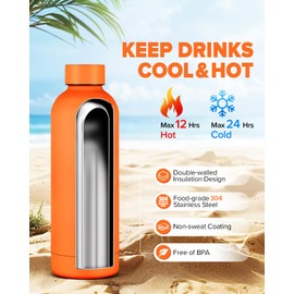 Insulated Water Bottle with Lid, 17 oz Reusable Leak-Proof Metal Stainless Steel Water Bottles for Travel, Sports, Gym, Outdoor (Orange)