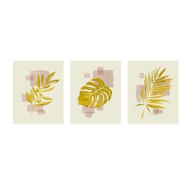 Gold-Toned Tropical Leaf Trio Wall Art Prints - Modern Minimalist Botanical Wall Art Decor for Kitchen Decor, Home Decor, Office Decor & Bathroom Decor- Unframed Elegant Abstract Print - 8x10" (3-PK)