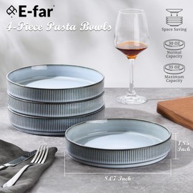 E-far Pasta Bowls Set of 4, 35oz Large Salad Bowl Plate for Dinner Serving Soup, Wide & Shallow Ceramic Stoneware Pasta Plates, Microwave & Dishwasher Safe, Reactive Glaze Textured Stripes, Dusty Blue