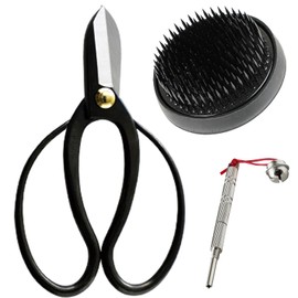 Wazakura 3PCS Japanese Ikebana Essential Tool Set Made in Japan, Floral Arrangement Kit [ Koryu Scissors + 80mm Round Black Kenzan + Flower Pin Holder Care Tool ]