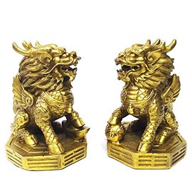 AMTOOCH Feng Shui Kylin Statue Brass Home Decor Set of Two Attract Wealth and Good Luck Wealth Prosperity qilin Golden Chi Lin (4" L x 3.6" W x 5.2" H)