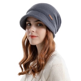 AYPOW Winter Knit Slouchy Visor Hat for Women, Fleece Lined Warm Thermal Hat with Brim, Pullover Ear Protection Hat, Beret Hat Newsboy Cap, Daily Winter Outdoor hat for Ladies Grey