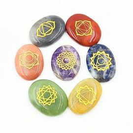 Precious Pebble 7 Chakra Healing Stones Set with Wooden Display Box, Natural Crystal Palm Stones with Sacred Symbols, Healing Crystals, Balancing, Tumbled Palm Stone, Touchstone, Meditation