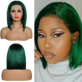 YOUFA Emerald Green Color Blunt Cut Short Bob Lace Front Wigs Brazilian Bone Straight Human Hair Wigs Green 13x4 Ear To Ear Lace Frontal Wigs Pre Plucked Natural Hairline(Turquoise, 8 inch)