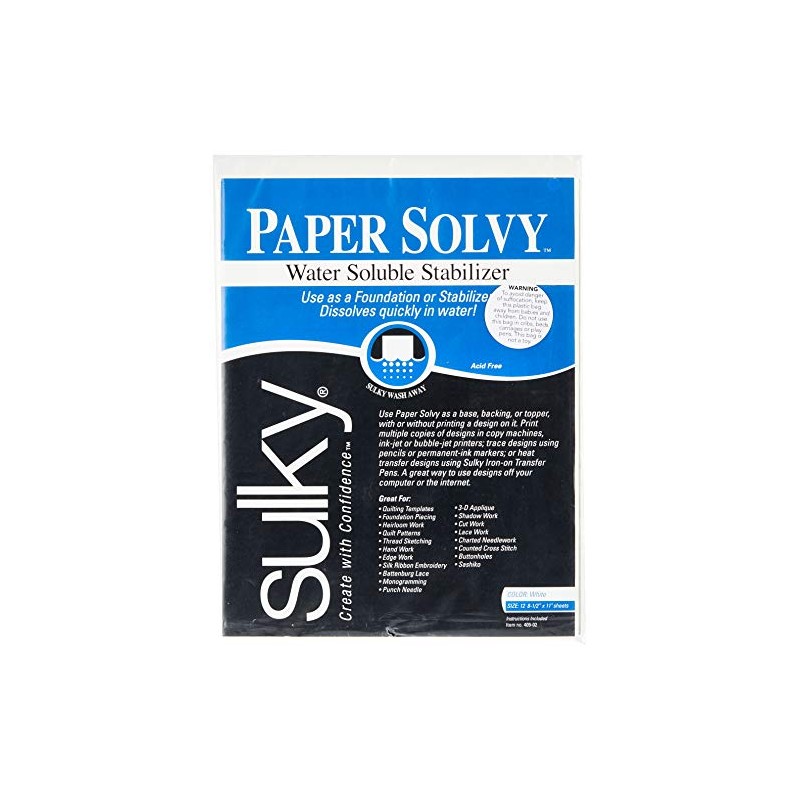 Sulky 409-02 Paper Solvy Water Soluble Fabric Stabilizer, 8-1/2 by
