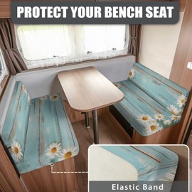 SUITOSELFY Teal Wood Grain RV Dinette Cushion Covers Booth Set White Daisy Camper Cushion Covers Couch Cover 2 Piece Slipcovers Washable RV Sofa Covers Washable RV Bench Seat Covers for Dinette