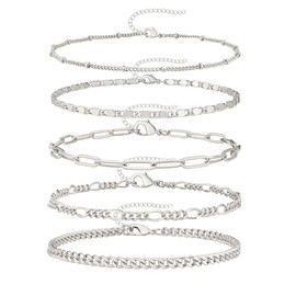 XFSRG Goldarmbänder für Frauen Plattiertes Armband-Set Verstellbare Stapelbare Charm-Armbänder Büroklammerkette Kubanisches Glied Wasserdichte Mehrlagige Armband-Sets Geschenke (Silber)