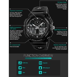 PASNEW Digital Watch Multi-Function Sport,Chronograph Stopwatch LED 50M Waterproof Alarm Calendar Analog Watch for Children,Kids Gift,Black