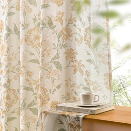 Sheer Floral Curtains 63 Inch Length 2 Panels Set for Bedroom Farmhouse Light Filtering Rod Pocket Warm Sand Country Flower Patterned Sheer Curtains Window Drapes for Living Room, 52x63 Tan