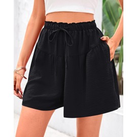 PRETTYGARDEN Womens Shorts 2025 Summer Drawstring Ruffle Elastic High Waist Solid Color Casual Beach Shorts with Pockets(Black,Large)