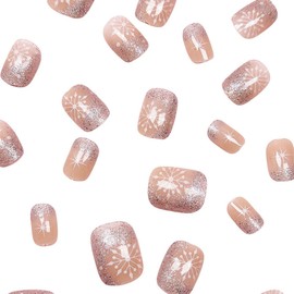 24Pcs Christmas Press on Nails Short Square Winter Snowflake Fake Nails with Designs Xmas Glue on Nails Glitter Acrylic Nails Glossy Full Cover for Women Girls Artificial False Nails Kit
