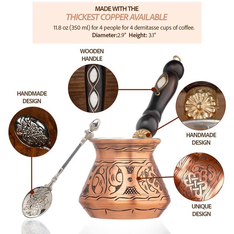 12 Oz Copper Turkish Greek Arabic Coffee Pot with Copper