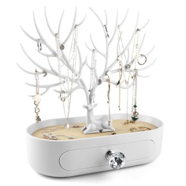 MORE&LESS Antlers Jewelry Display Stand with Drawer and Crystal Handle, Tree Tower Rack Hanging Organizer for Ring Earrings Necklace Bracelet
